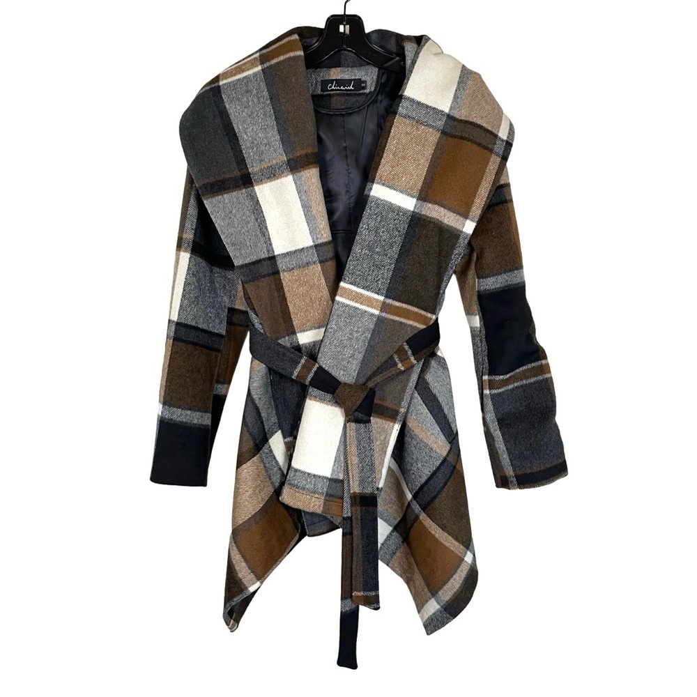Chicwish Prairie Check Rabato Plaid Wool Blend Belted Coat Brown S - Picture 2 of 7